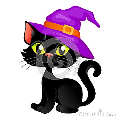 Cute cartoon halloween black cat in hat Vector Illustration