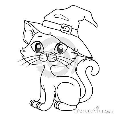 Cute cartoon halloween cat in halloween hat. Black and white vector illustration for coloring book Vector Illustration