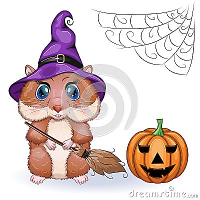 Cute cartoon hamster wearing wizard hat with broom and pumpkins, halloween holiday character Vector Illustration