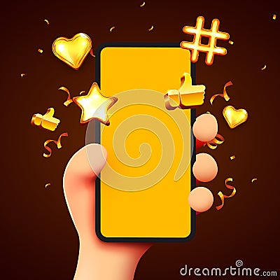 Cute cartoon hand holding mobile smartphone with golden social media icon. Marketing concept Vector Illustration