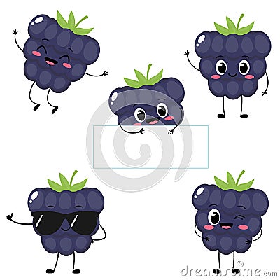 Cute cartoon happy blackberry character set Vector Illustration