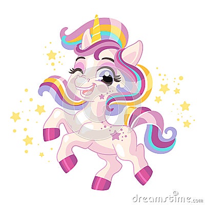 Cute cartoon happy character purple unicorn vector Vector Illustration