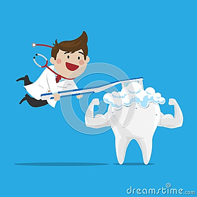 Happy Male Doctor Brushing the Strong Tooth on iSolated Background Stock Photo