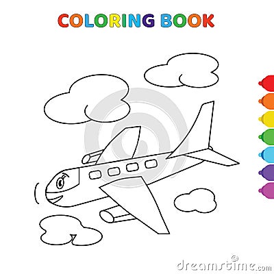 Cute cartoon happy smiling air plane around clouds coloring book for kids. black and white vector illustration for coloring book. Vector Illustration