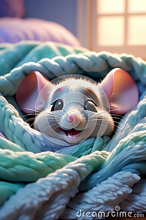 cute cartoon happy white mouse under the blanket Stock Photo