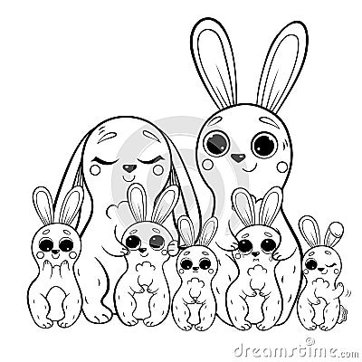 Cute cartoon hare family vector coloring page outline. Male and female hares with their leverets. Happy bunnies. Coloring book of Vector Illustration