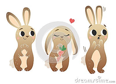 Cute cartoon hare vector set. Hares in different postures. Forest animals for kids. Isolated on white background Vector Illustration