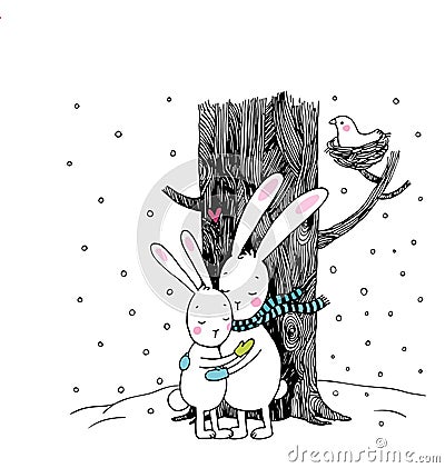 Cute cartoon hares. Winter. Vector Illustration