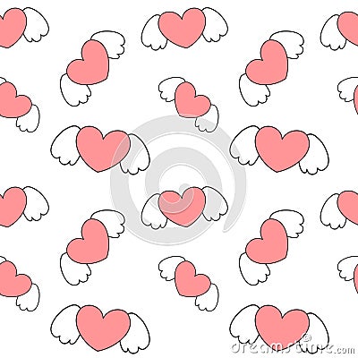 Cute cartoon heart with wings valentine romantic seamless pattern background illustration Vector Illustration