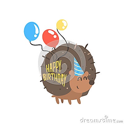 Cute cartoon hedgehog in a blue party hat and balloons Happy Birthday colorful vector Illustration Vector Illustration