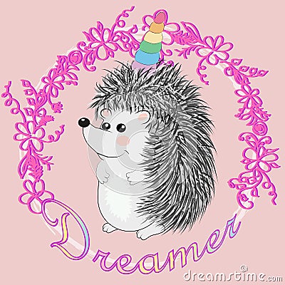 A cute cartoon hedgehog with a unicorn horn on a rainbow. Concept everyone can be a unicorn Stock Photo