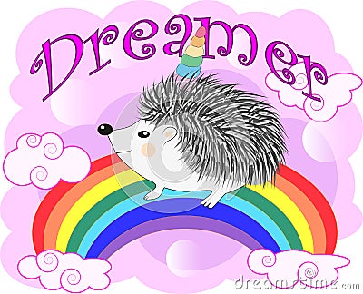 A cute cartoon hedgehog with a unicorn horn on a rainbow. Concept everyone can be unicorn Stock Photo