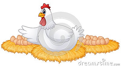 Cute cartoon hen with many eggs in the her nest Vector Illustration