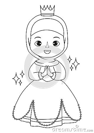 Cute cartoon Hijab girl wear crown coloring page Vector Illustration