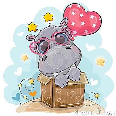 Cute Cartoon Hippo and balloon Vector Illustration