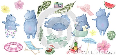 Cute cartoon hippo character set digital Clip art animal hippopotamus Tropical summer set watercolor style on white background Stock Photo