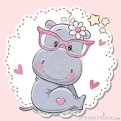 Cute Hippo girl in pink eyeglasses Vector Illustration