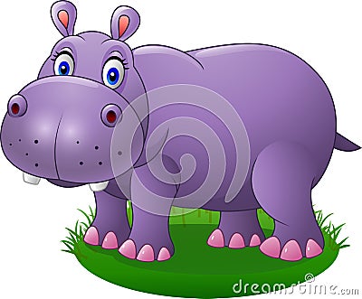 Cute cartoon hippo on the grass Vector Illustration