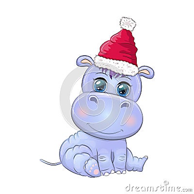 Cute cartoon hippo in Santa hat with gift, Christmas ball and candy cane. New Year and Christmas Vector Illustration