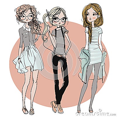 Cute cartoon hipster girls Vector Illustration