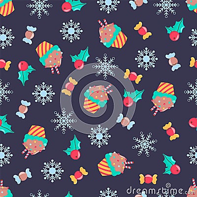 Cute cartoon holidays winter seamless vector pattern illustration with with snowflakes, candies, muffins and mistletoe. Cartoon Illustration