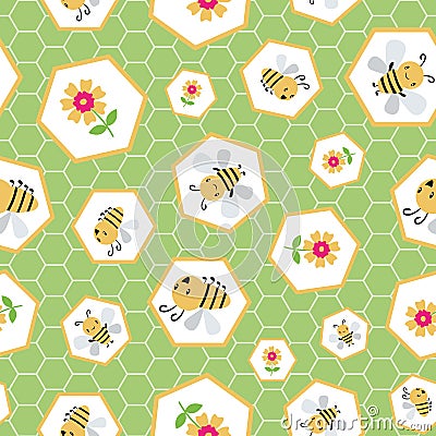 Cute cartoon honey bees and flowers in random honeycomb design. Seamless vector pattern on green hexagon textured Vector Illustration