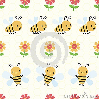 Cute cartoon honey bees and flowers on subtle yellow honeycomb background. Seamless geometric vector pattern. Great for Vector Illustration
