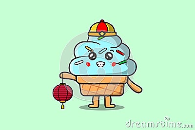 Cute cartoon Ice cream chinese holding lantern Vector Illustration