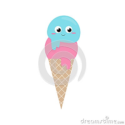 Cute cartoon ice cream in cornet Vector Illustration