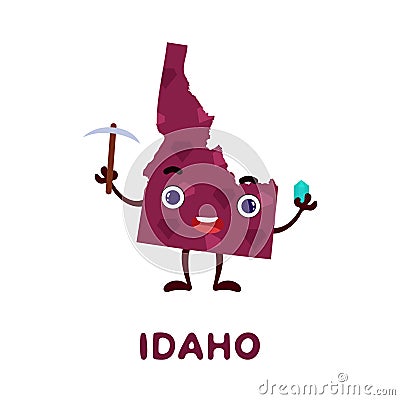 Cute cartoon Idaho state character clipart. Illustrated map of state of Idaho of USA with state name. Funny character design for Vector Illustration