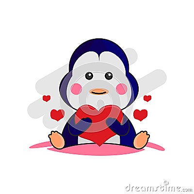 Cute cartoon illustration penguin holding heart design vector Vector Illustration