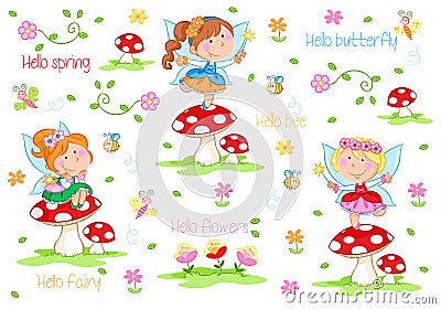 Hello Spring - Adorable little fairies and spring garden Cartoon Illustration