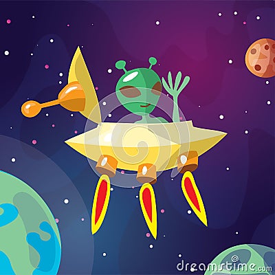 Cute cartoon illustration of UFO and alian creature space ship landing on the Earth or Exo planet. Cute Alien In Vector Illustration