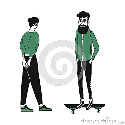 Cute cartoon illustration of young people. a hipster on a skateboard and a girl stand opposite each other. Vector Vector Illustration