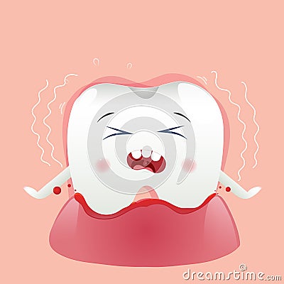 Cute cartoon with the injured tooth causing bleeding and pain in the gums children dentistry concept. Vector Illustration