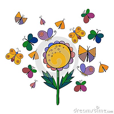 Cute cartoon insect set. Butterflies and flowers. . Vector illustration. Vector Illustration