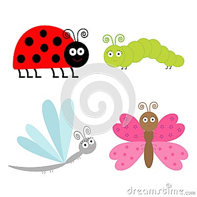 Cute cartoon insect set. Ladybug, dragonfly, butterfly and cater Vector Illustration