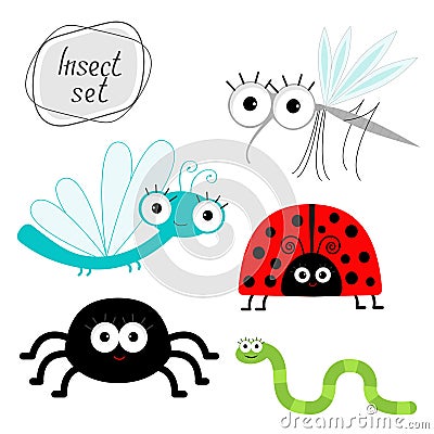 Cute cartoon insect set. Ladybug, dragonfly, mosquito, spider, worm. . Vector Illustration