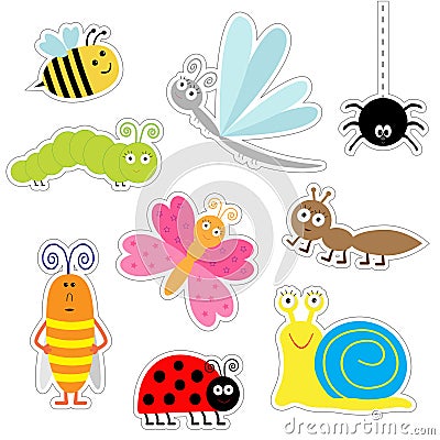 Cute cartoon insect sticker set. Ladybug, dragonfly, butterfly, caterpillar, ant, spider, cockroach, snail. Isolated. Flat design Vector Illustration