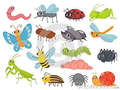 Cute cartoon insects. Funny caterpillar and butterfly, children bugs, mosquito and spider. Green grasshopper, ant and Vector Illustration