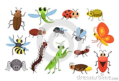 Cute cartoon insects. Happy bugs, smiling fly and little mantis vector Illustration set Vector Illustration