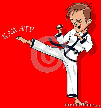 Cute cartoon karate boy on red background Vector Illustration