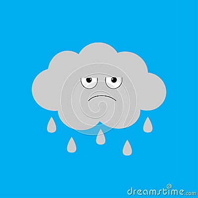 Cute cartoon kawaii cloud with rain drops. Sad face emotion. Eyes and mouth. Isolated. Blue sky background. Baby character collect Vector Illustration