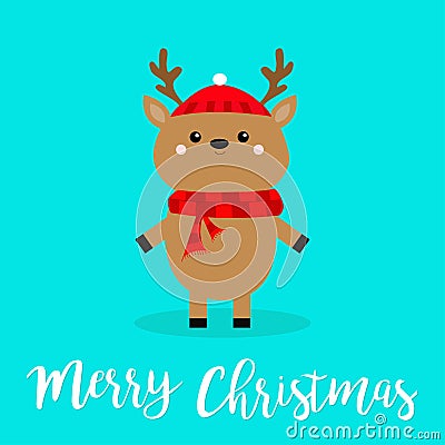 Cute cartoon kawaii funny deer. Merry Christmas. Horns, red scarf, hat. Reindeeer head. Blue winter snow flake background. Vector Illustration