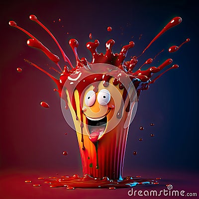 Cute Cartoon ketchup splashing. Generative Ai Stock Photo