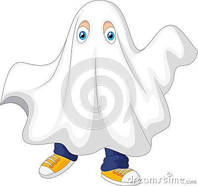 Cute cartoon kid in a ghost costume celebrating Halloween Vector Illustration