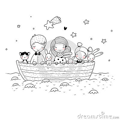 Cute cartoon kids in the boat. A brother, two little sisters, funny hares and a cat. Best friends went on a trip. Vector Illustration