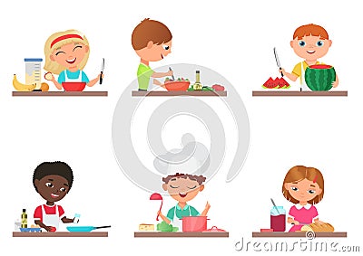 Cute cartoon kids preparing food on the kitchen set isolated vector illustration. Vector Illustration