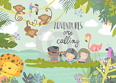 Cute cartoon kids travelling with animals. Adventures are calling Vector Illustration