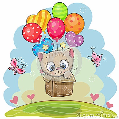 Cute Cartoon Kitten with balloons Vector Illustration